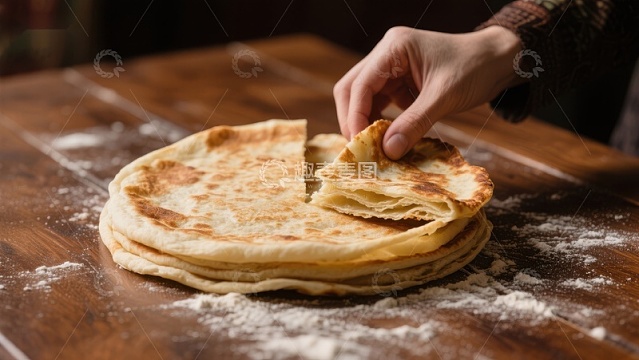 手撕薄饼，面粉撒布的木质桌面