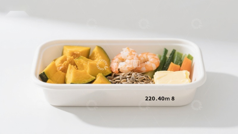 高清大图下载【趣麦麦图】餐盒中的蔬菜虾仁与谷物