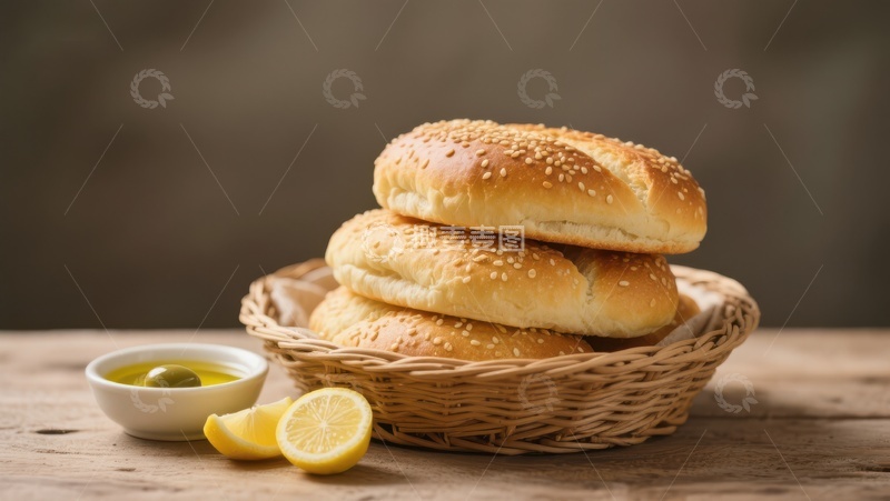 高清大图下载【趣麦麦图】篮子里的芝麻面包配橄榄油和柠檬