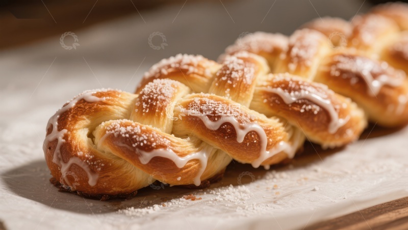 高清大图下载【趣麦麦图】金黄辫子面包，撒糖霜点缀