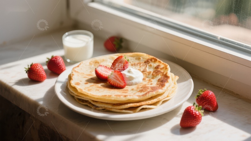 高清大图下载【趣麦麦图】草莓奶油煎饼，窗边美食