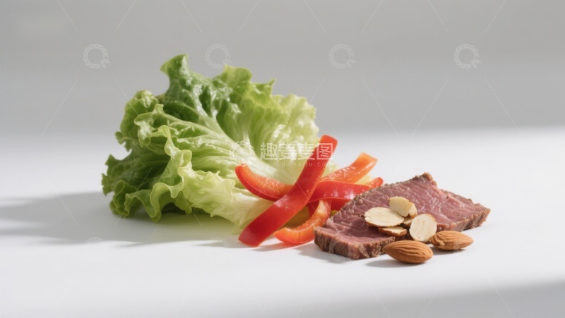 高清大图下载【趣麦麦图】生菜红椒牛肉与杏仁组合