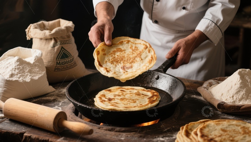 高清大图下载【趣麦麦图】厨师制作煎饼的场景