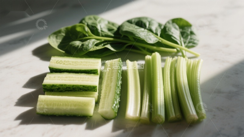 高清大图下载【趣麦麦图】切好的黄瓜和芹菜配菠菜