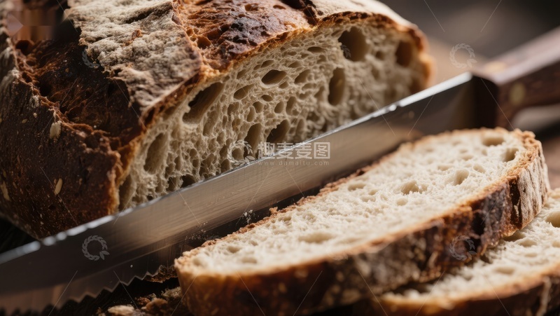 高清大图下载【趣麦麦图】新鲜面包切片，刀具特写