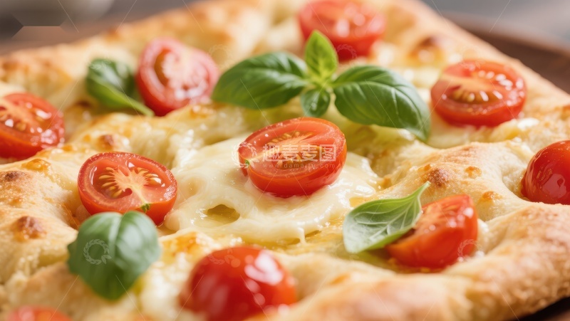 高清大图下载【趣麦麦图】新鲜出炉的番茄罗勒披萨