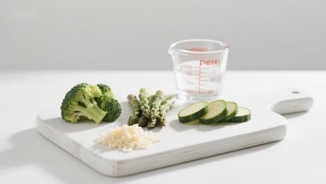 切菜板上的新鲜蔬菜与配料