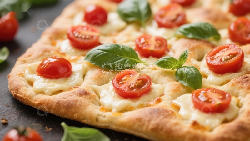 高清大图下载【趣麦麦图】新鲜出炉的意式番茄罗勒披萨