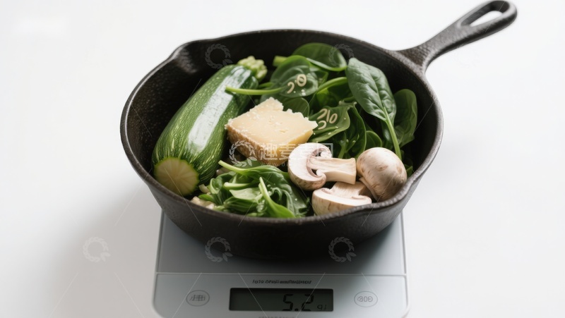 高清大图下载【趣麦麦图】铸铁锅中蔬菜食材称重