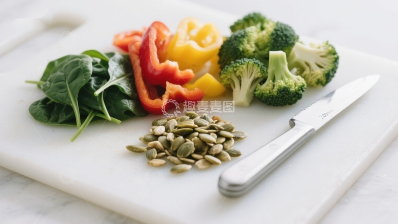 高清大图下载【趣麦麦图】-切菜板上的新鲜蔬菜与瓜子