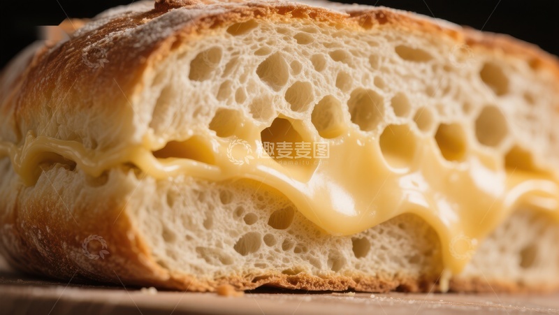 高清大图下载【趣麦麦图】芝士面包特写：金黄奶酪融化诱人