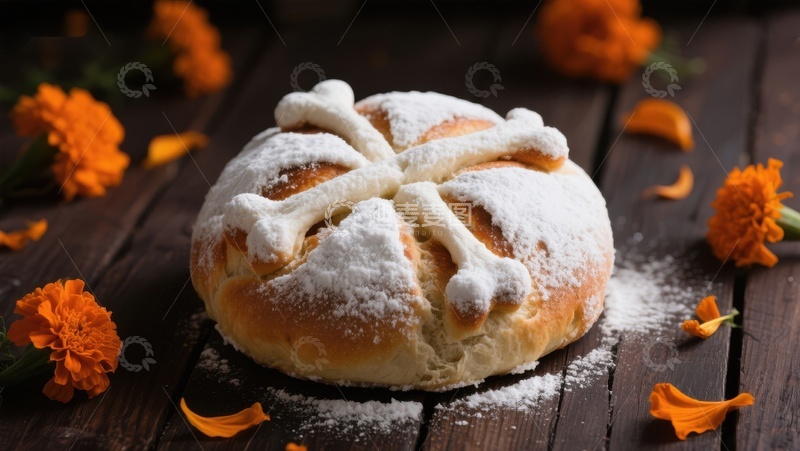 高清大图下载【趣麦麦图】传统节日面包与橙色花瓣