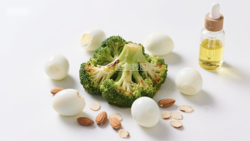 高清大图下载【趣麦麦图】西兰花鸡蛋坚果与油瓶