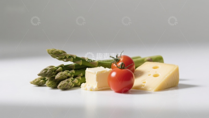 高清大图下载【趣麦麦图】芦笋樱桃番茄与奶酪静物