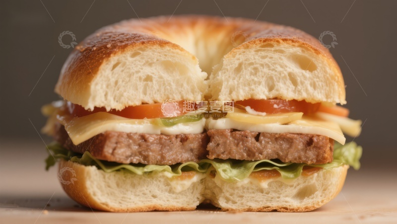 高清大图下载【趣麦麦图】经典汉堡，面包夹牛肉饼与蔬菜