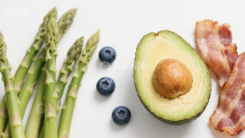高清大图下载【趣麦麦图】新鲜食材组合：芦笋、牛油果、蓝莓与培根