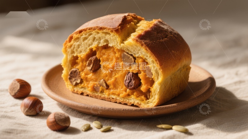 高清大图下载【趣麦麦图】南瓜面包切片，点缀坚果