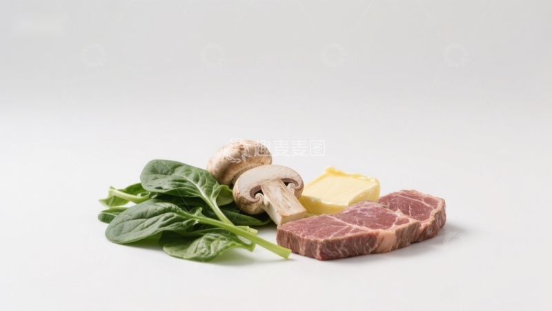 高清大图下载【趣麦麦图】食材组合：牛肉、菠菜、蘑菇与黄油