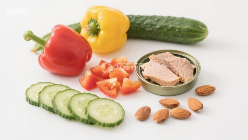 高清大图下载【趣麦麦图】新鲜蔬菜与罐头金枪鱼食材