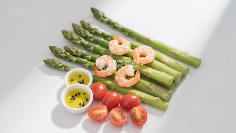 高清大图下载【趣麦麦图】虾仁芦笋番茄配油醋