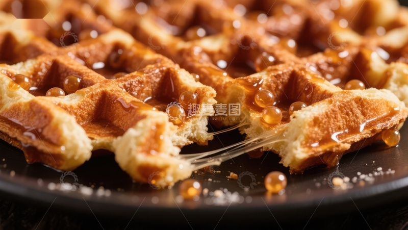 高清大图下载【趣麦麦图】蜂蜜淋洒在金黄松脆的华夫饼上