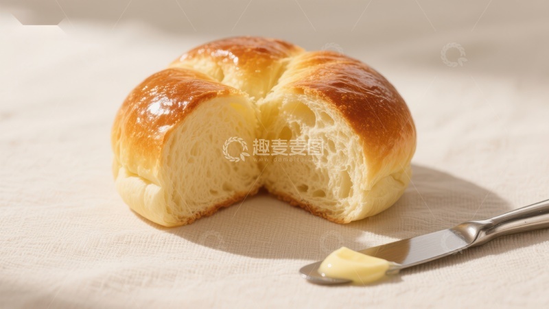 高清大图下载【趣麦麦图】新鲜面包切开，配黄油刀