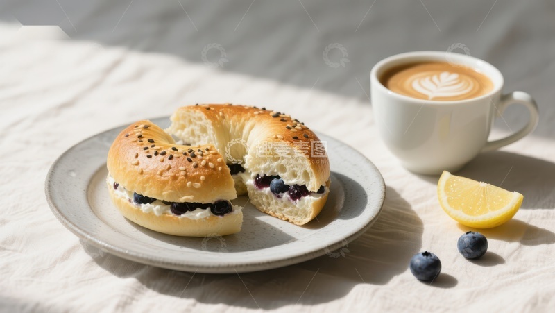 高清大图下载【趣麦麦图】蓝莓贝果配咖啡与柠檬