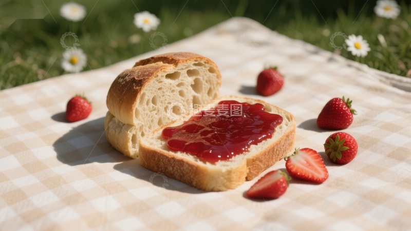 高清大图下载【趣麦麦图】草莓果酱面包，户外野餐布上