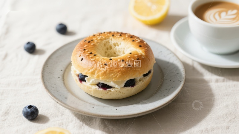 高清大图下载【趣麦麦图】蓝莓奶油芝士贝果配咖啡