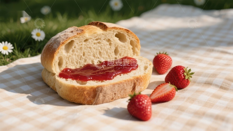 高清大图下载【趣麦麦图】草莓果酱面包，户外野餐布上
