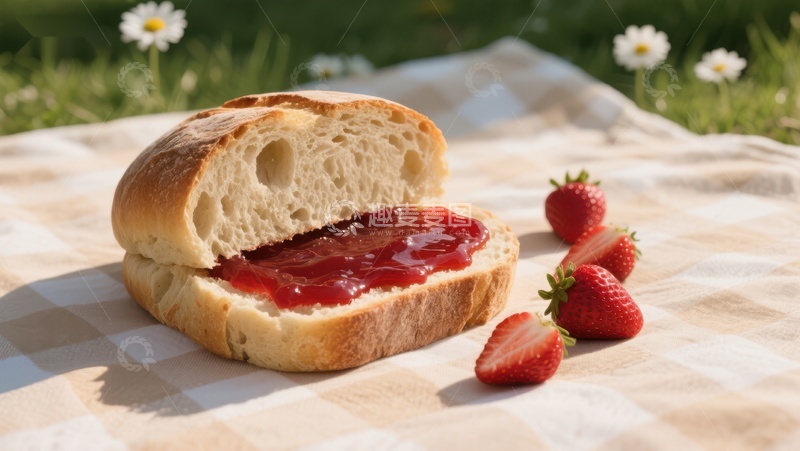 高清大图下载【趣麦麦图】草莓酱面包户外野餐