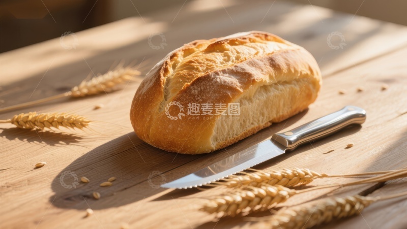 高清大图下载【趣麦麦图】新鲜面包与麦穗的静物图