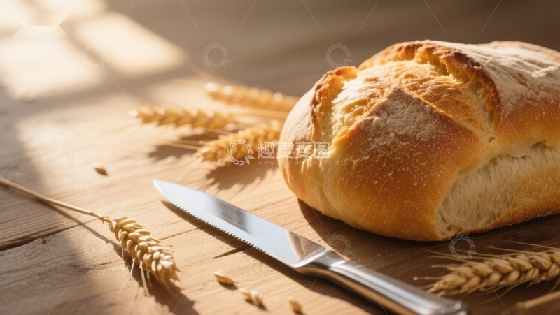 高清大图下载【趣麦麦图】新鲜面包与麦穗的静物图