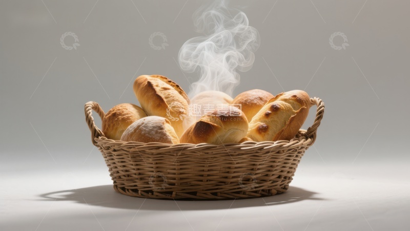 高清大图下载【趣麦麦图】热腾腾的面包在竹篮中散发香气