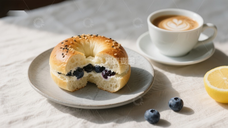 高清大图下载【趣麦麦图】蓝莓贝果配咖啡，清新早餐