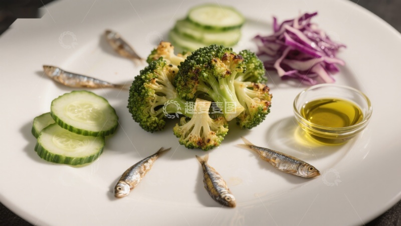 高清大图下载【趣麦麦图】盘中蔬菜与小鱼搭配
