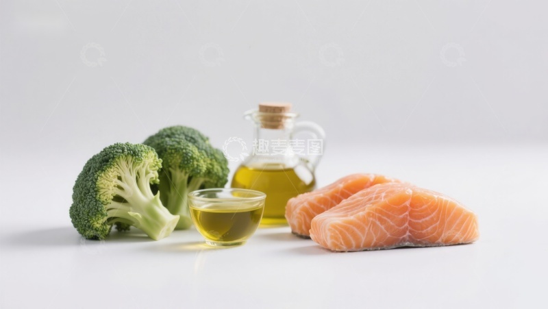 高清大图下载【趣麦麦图】新鲜三文鱼与西兰花橄榄油组合