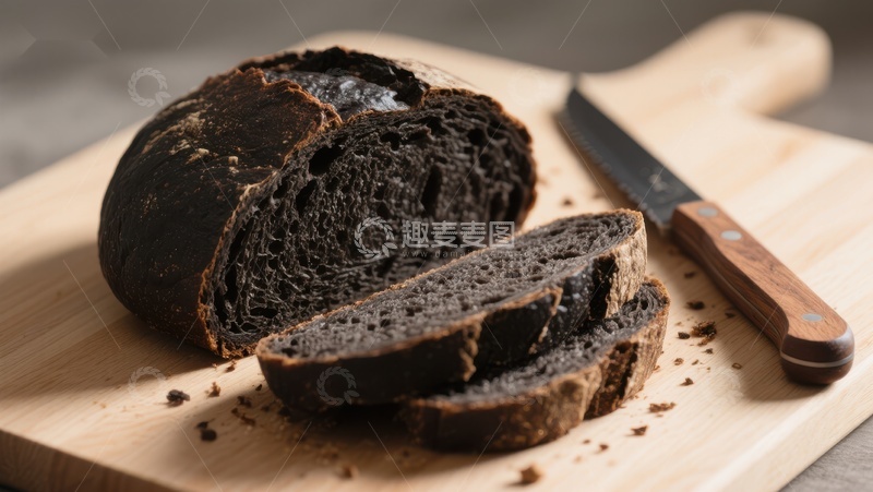 高清大图下载【趣麦麦图】深色面包切片置于木板之上
