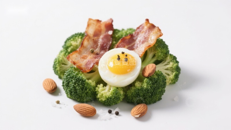 高清大图下载【趣麦麦图】西兰花配煎蛋与培根