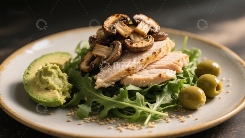 高清大图下载【趣麦麦图】鸡肉沙拉配牛油果与橄榄