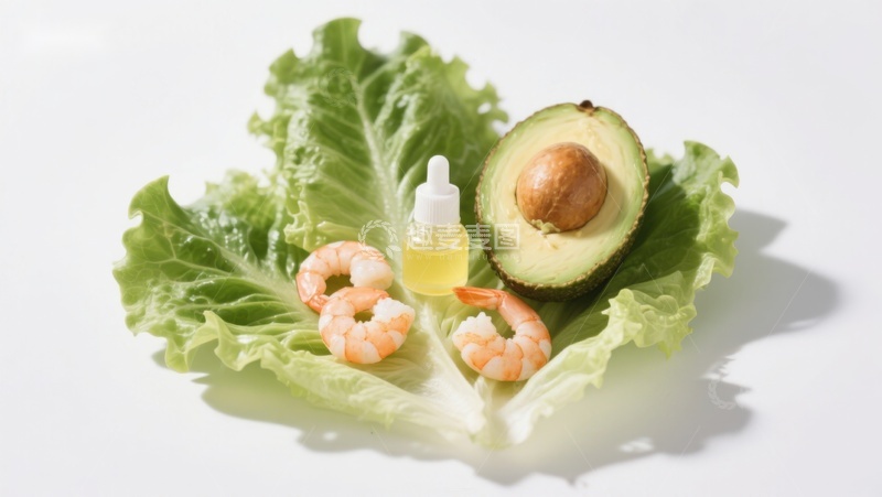 高清大图下载【趣麦麦图】生菜上的虾仁牛油果与精油
