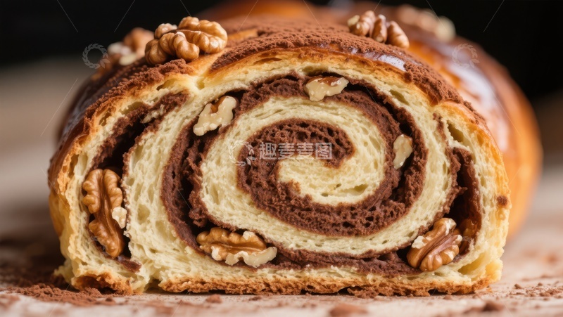 高清大图下载【趣麦麦图】巧克力核桃螺旋面包特写
