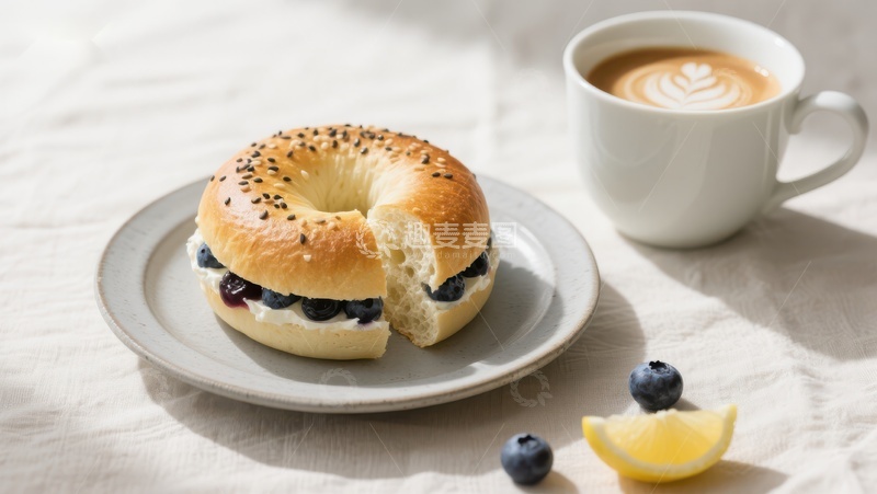 高清大图下载【趣麦麦图】蓝莓贝果配咖啡，清新早餐