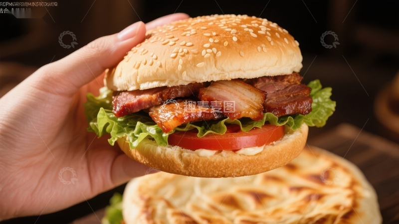 高清大图下载【趣麦麦图】手握美味汉堡，层次分明