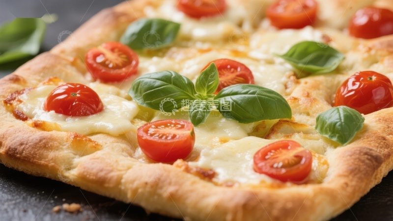 高清大图下载【趣麦麦图】新鲜出炉的番茄罗勒披萨
