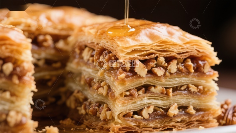 高清大图下载【趣麦麦图】蜂蜜淋洒在酥脆 Baklava 上