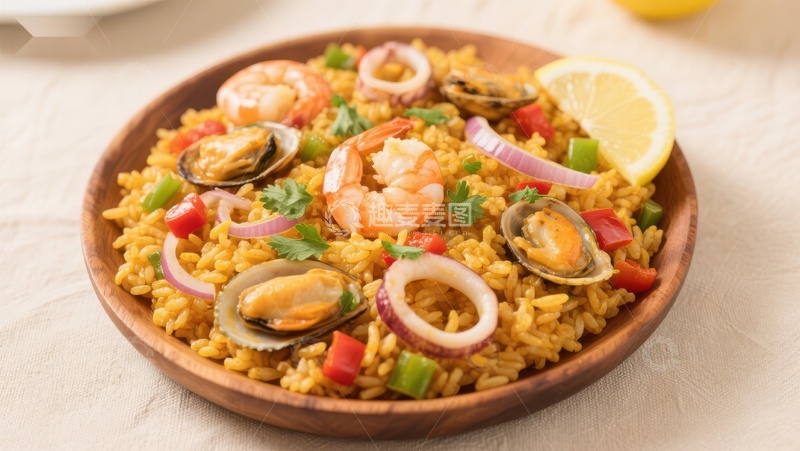 高清大图下载【趣麦麦图】海鲜炒饭配柠檬片