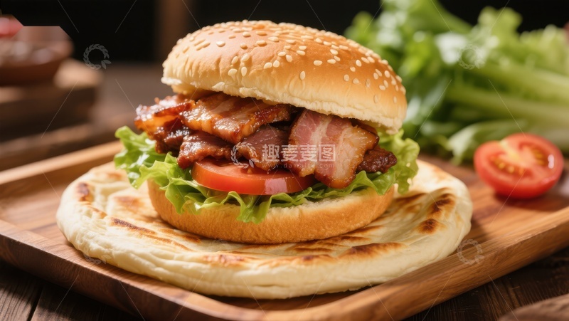 高清大图下载【趣麦麦图】培根汉堡配烤饼