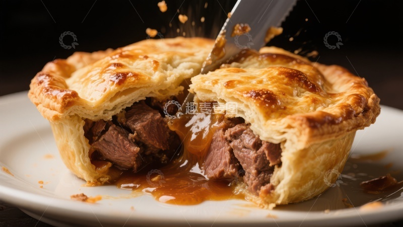 高清大图下载【趣麦麦图】酥皮肉馅饼被刀切开的瞬间