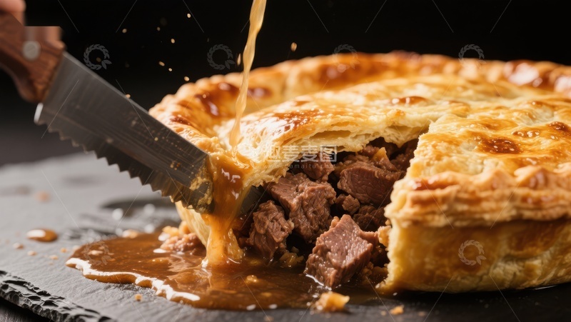 高清大图下载【趣麦麦图】刀切肉馅饼，酱汁四溢